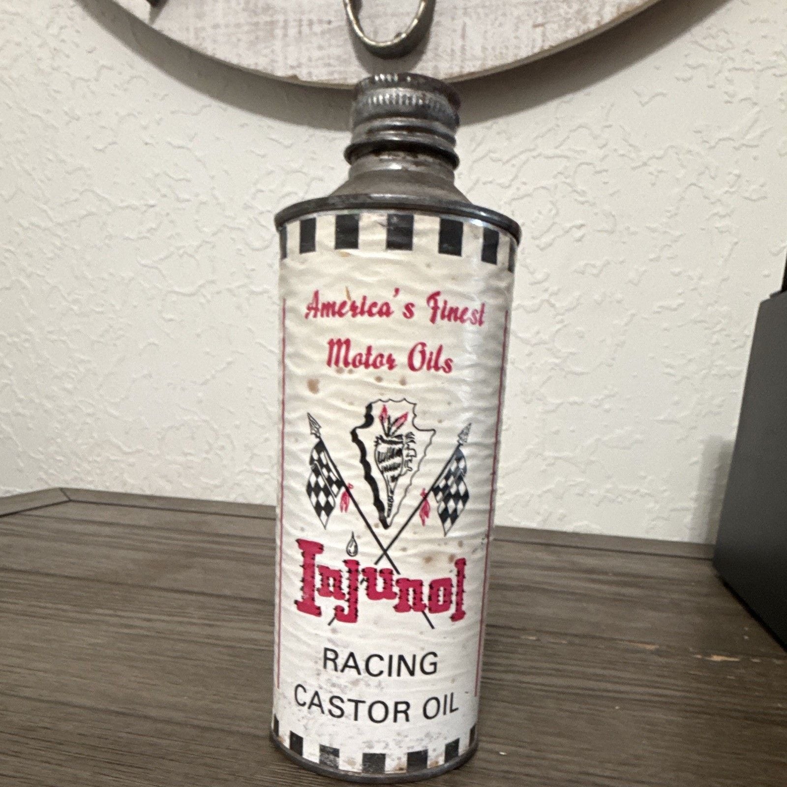 Rare Vintage Injunol Racing Castor Oil 16oz Cone Top Can - Indian Motorcycle Rare Vintage Injunol Racing Castor Oil 16oz Cone Top Can - Indian Motorcycle