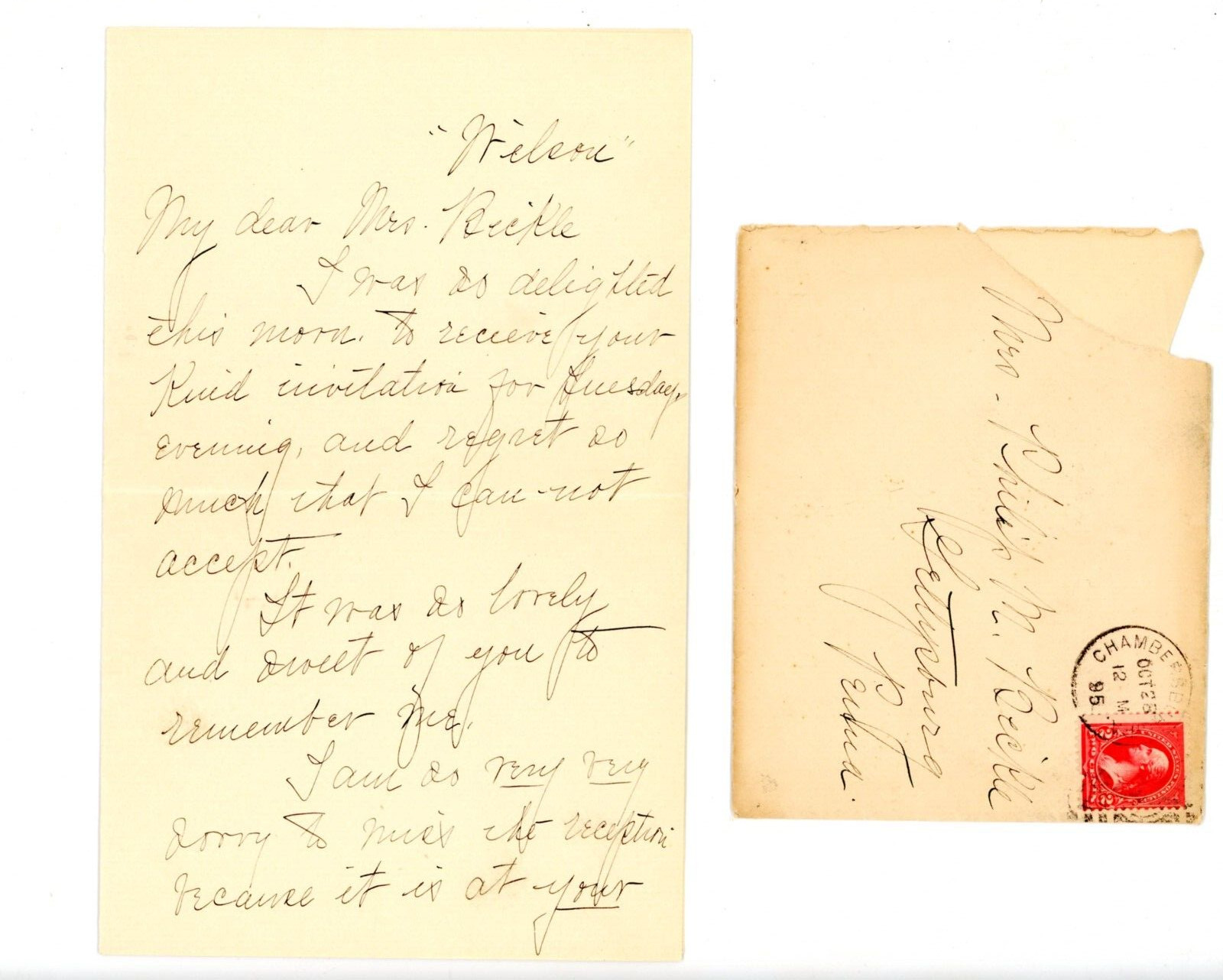 1895 Handwritten Letter envelope Mrs Philip M Bickle Beckle ? Gettysburg PA 1895 Handwritten Letter envelope Mrs Philip M Bickle Beckle ? Gettysburg PA
