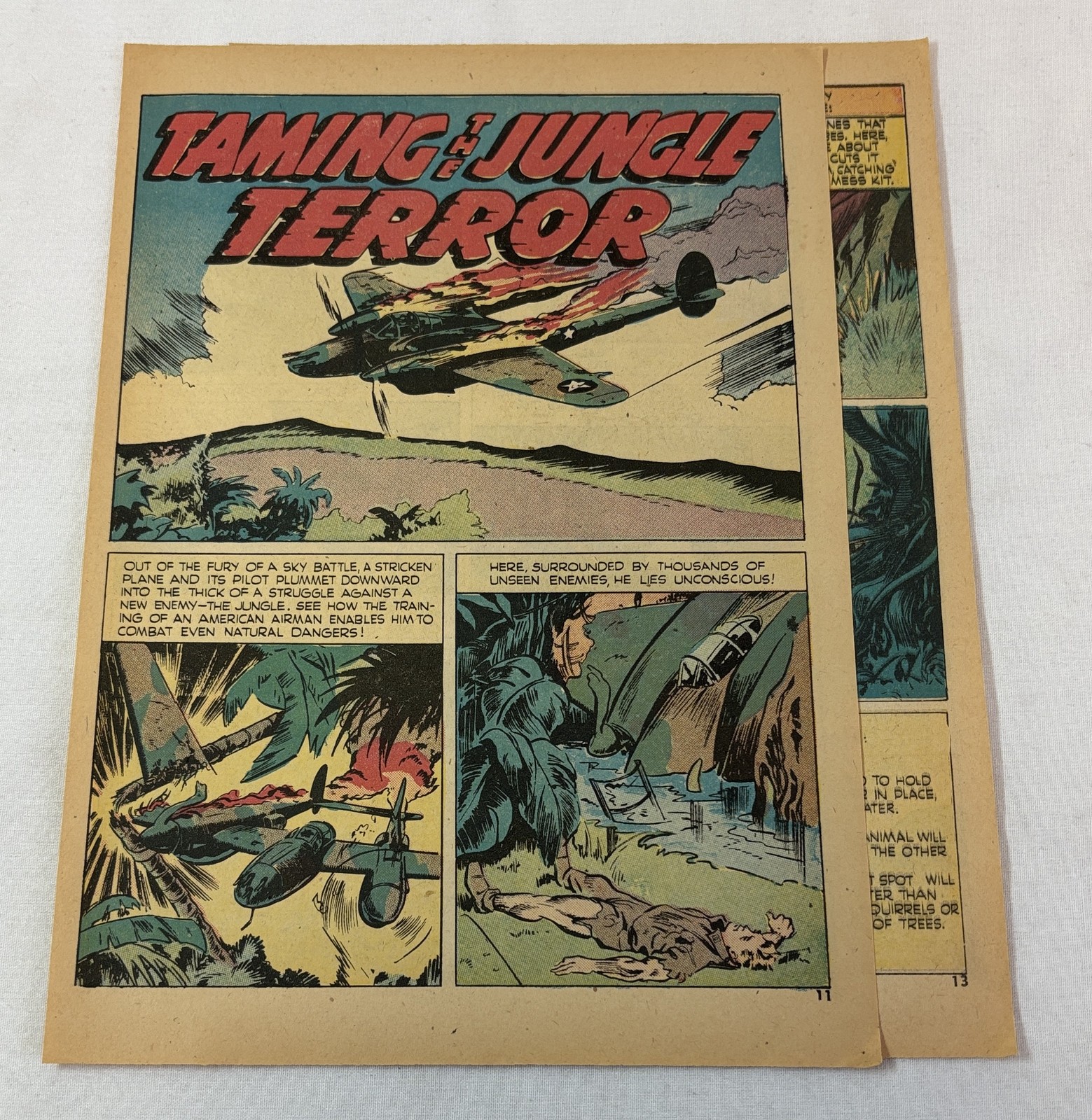 1944 four page cartoon story ~ AMERICAN AIRMAN JUNGLE TRAINING ~ WWII