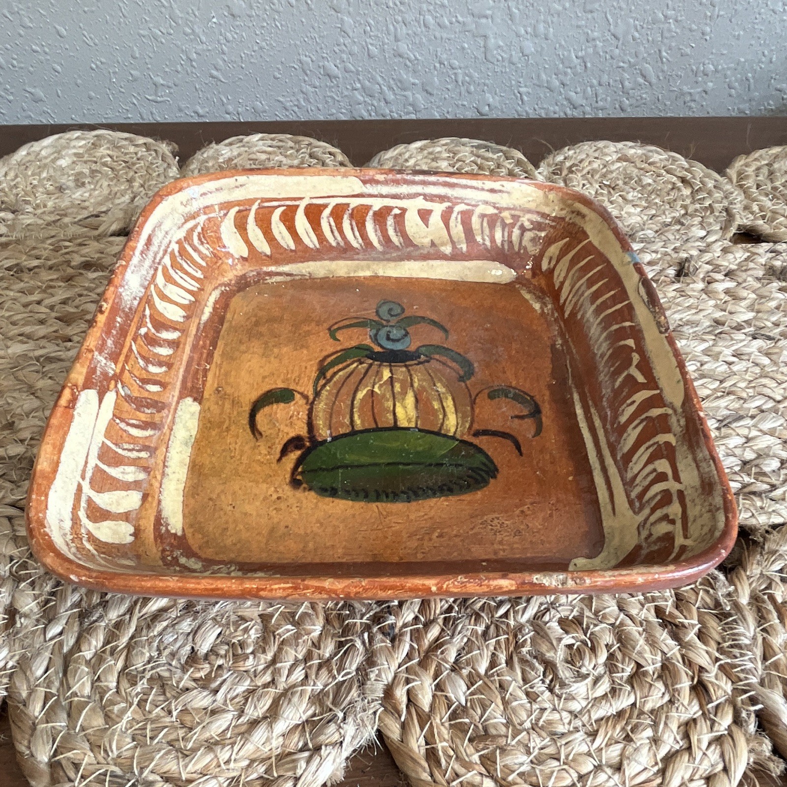 Vintage Tlaquepaque Mexican Pottery Square Dish Hand Painted Redware Folk Art Vintage Tlaquepaque Mexican Pottery Square Dish Hand Painted Redware Folk Art