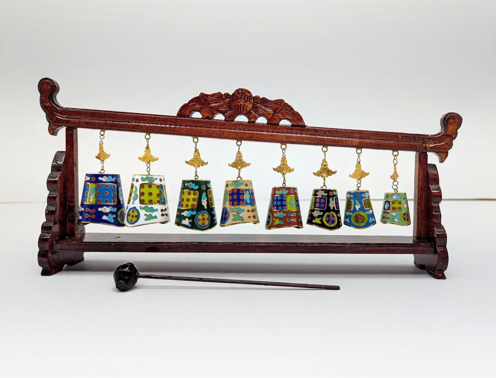 Vintage Chinese Cloisonne Eight Bell Bianzhong Chime Carved Wood Stand Mallet Vintage Chinese Cloisonne Eight Bell Bianzhong Chime Carved Wood Stand Mallet
