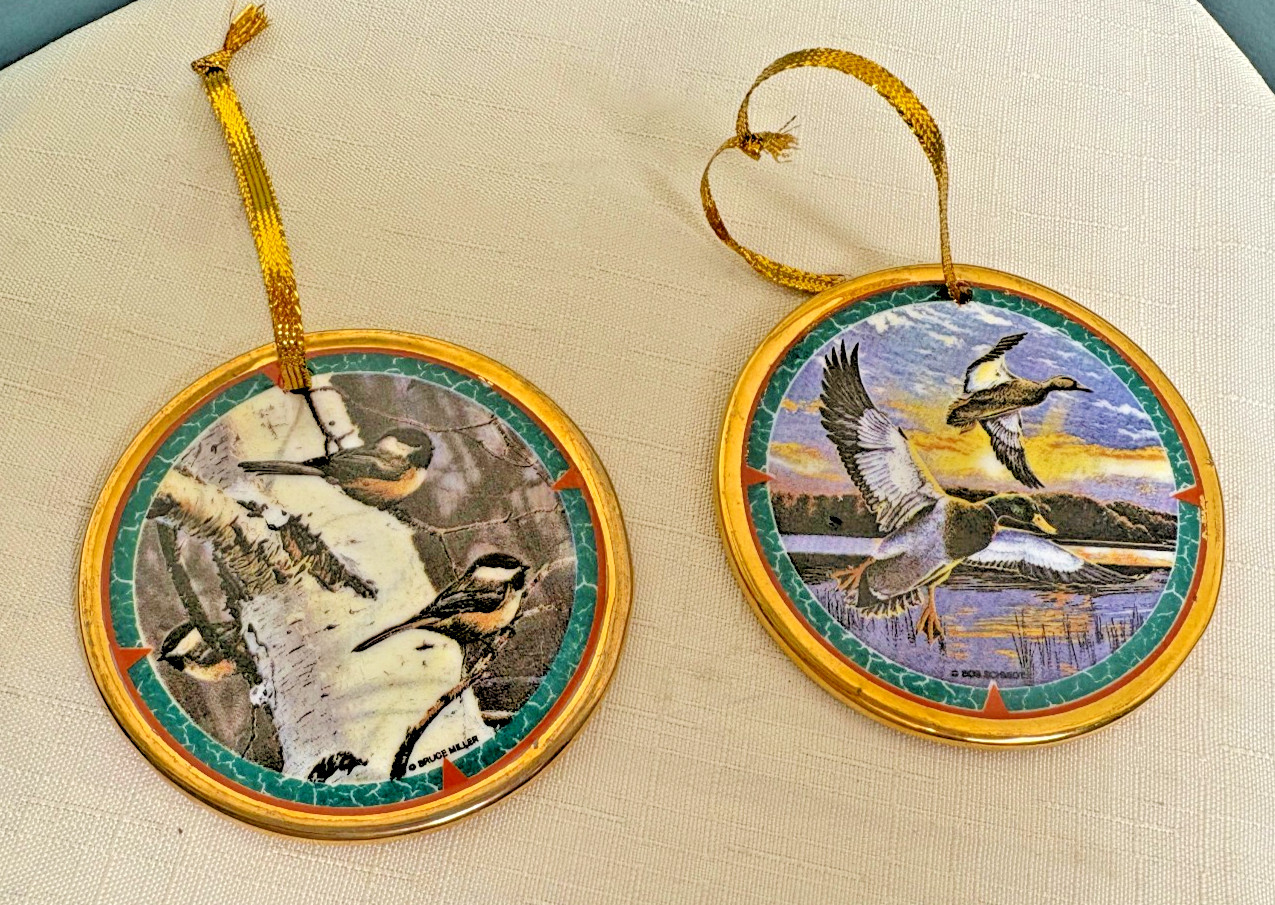 Pair Bruce Miller & Bob Schmidt Bird Porcelain Ornaments - Mallards Chickadees Pair Bruce Miller & Bob Schmidt Bird Porcelain Ornaments - Mallards Chickadees