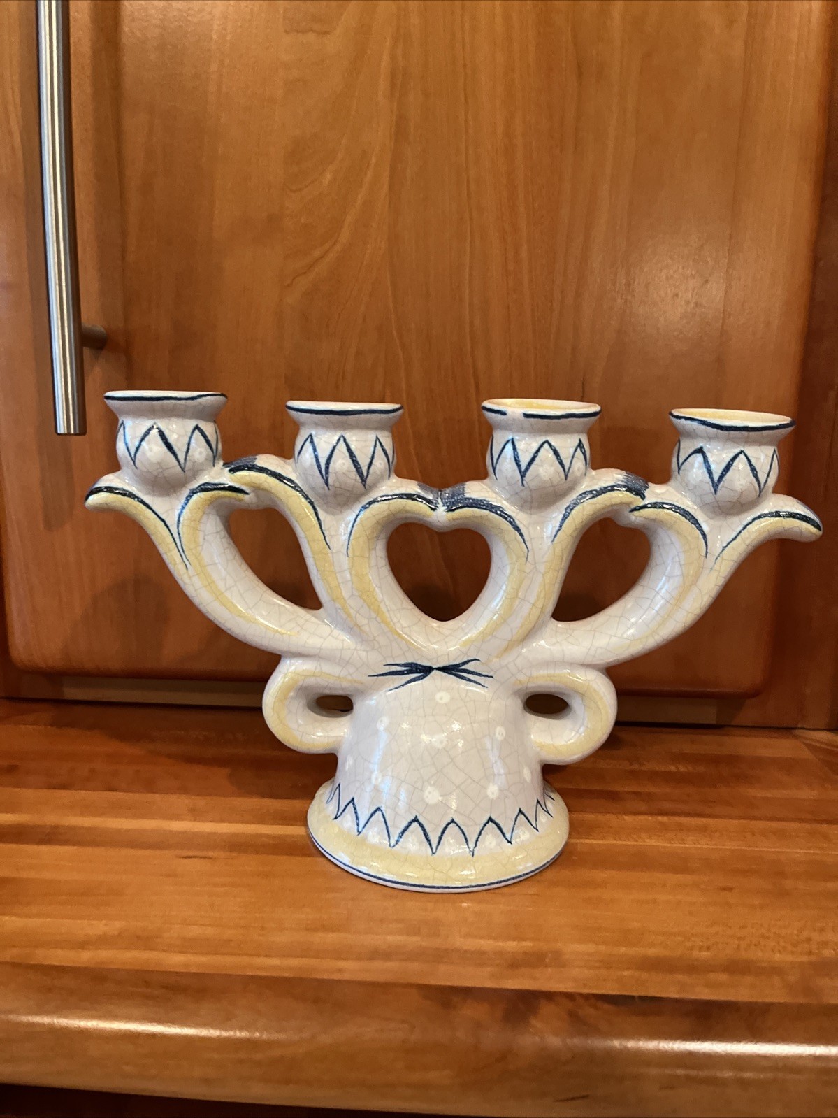 RARE -Vintage -Bo Fajans Candle Holder Candelabra Sweden Signed painted ~crackle
