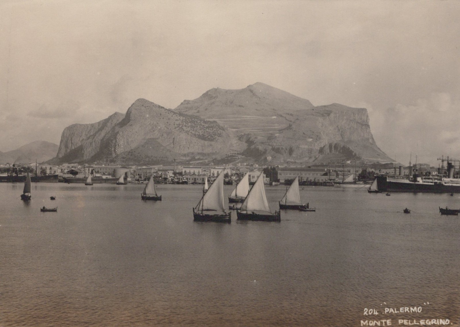 Palermo Sicily Monte Pellegrino harbor sailboats 1926 vintage - Original Photo