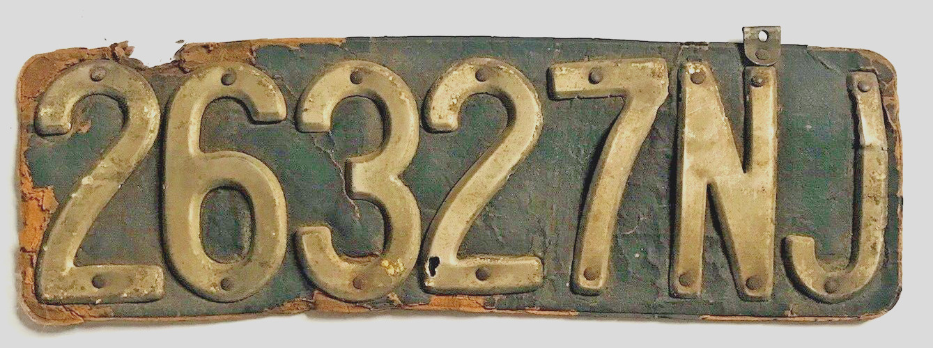 ANTIQUE LEATHER NEW JERSEY LICENSE PLATE 1908 #26327NJ 1908/09