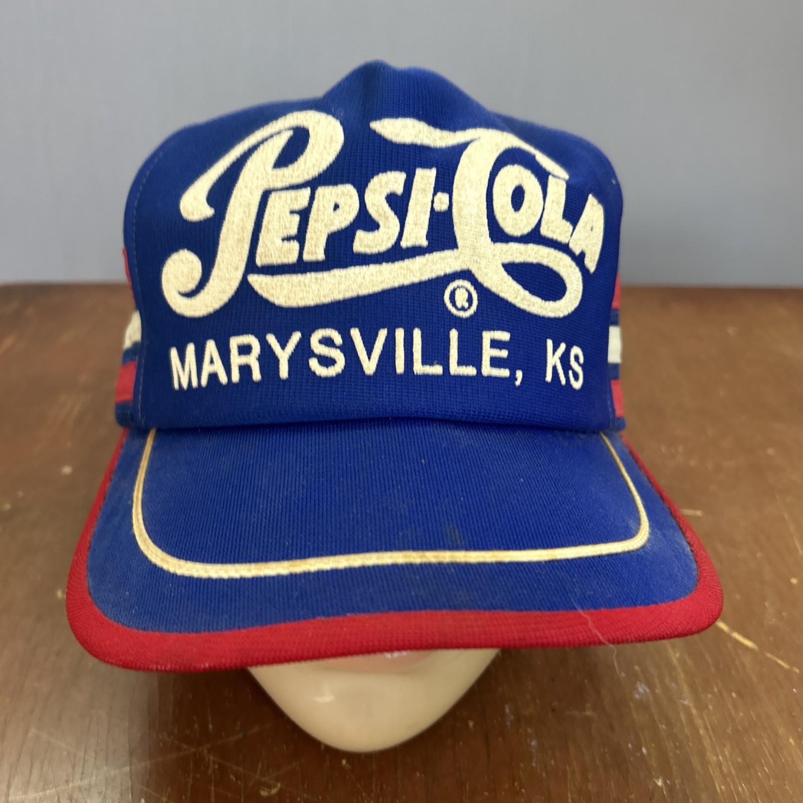 VTG Pepsi Cola 3 Stripe Employee Trucker Hat Cap Marysville KS Kansas Union USA VTG Pepsi Cola 3 Stripe Employee Trucker Hat Cap Marysville KS Kansas Union USA