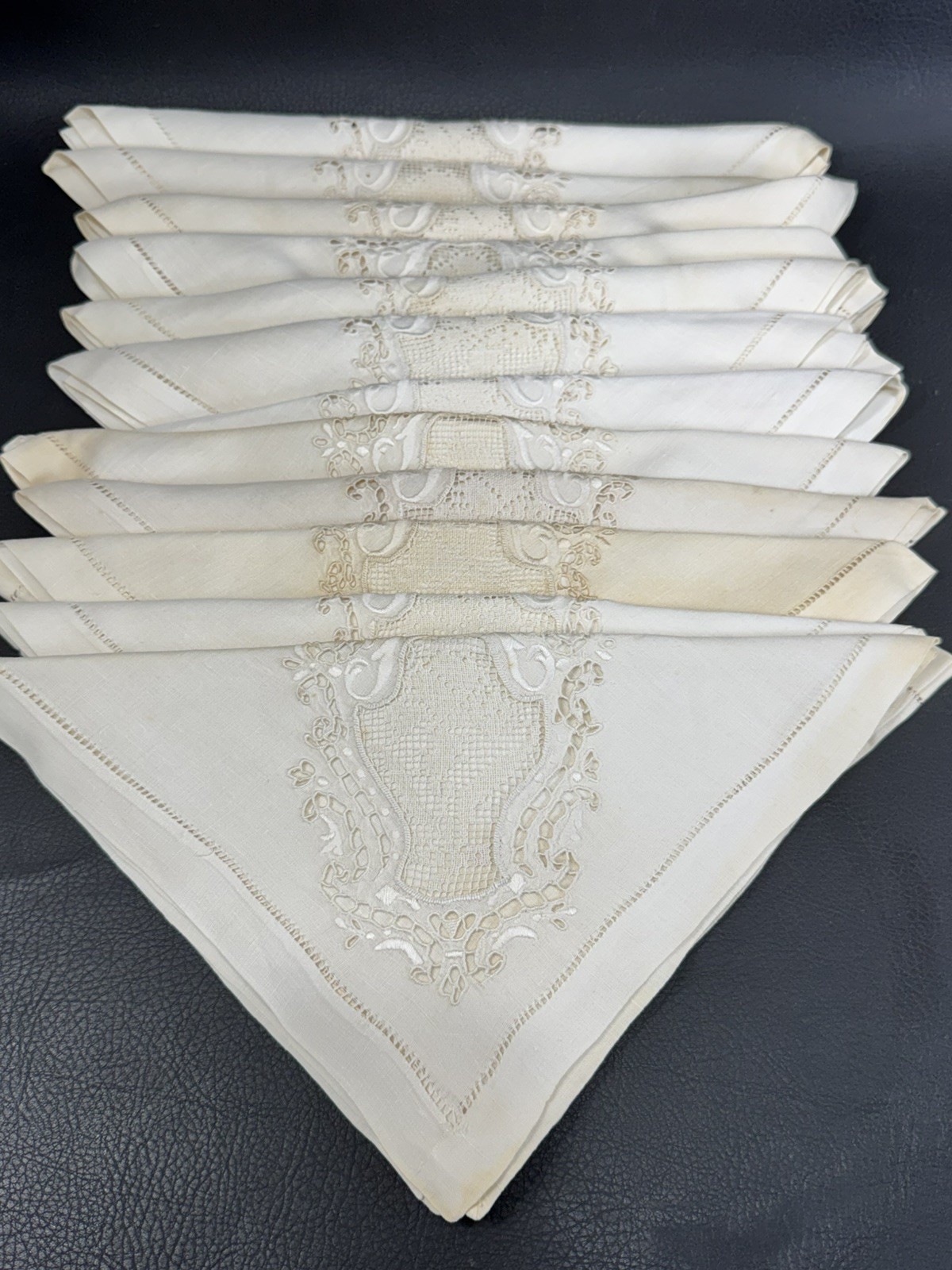 12 Vintage Linen Dinner Napkins Madeira Whitework Cutwork 21x19 12 Vintage Linen Dinner Napkins Madeira Whitework Cutwork 21x19