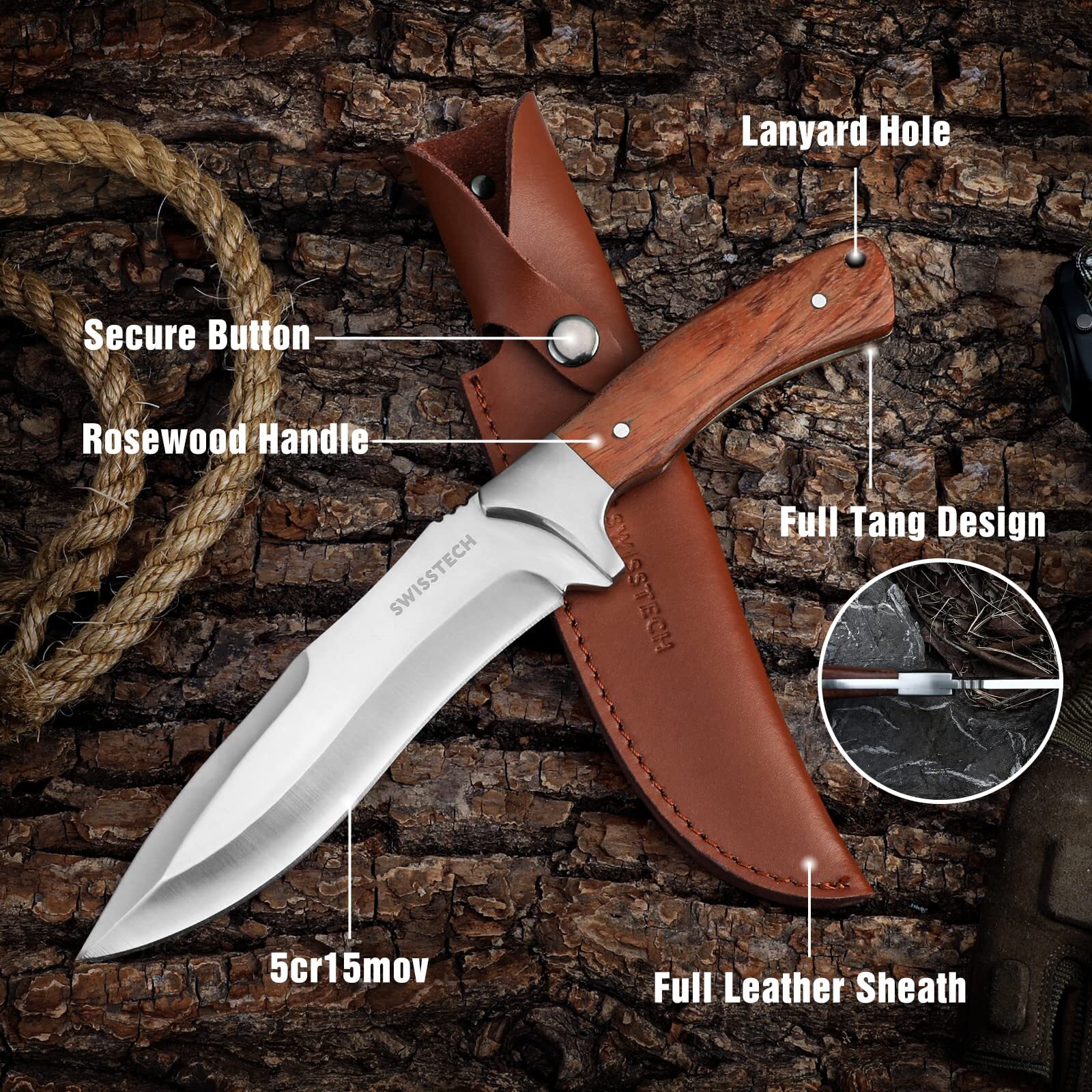 Swiss+Tech 11-5/8'' Fixed Blade Hunting Bowie Knife Full-Tang w/ Leather Sheath