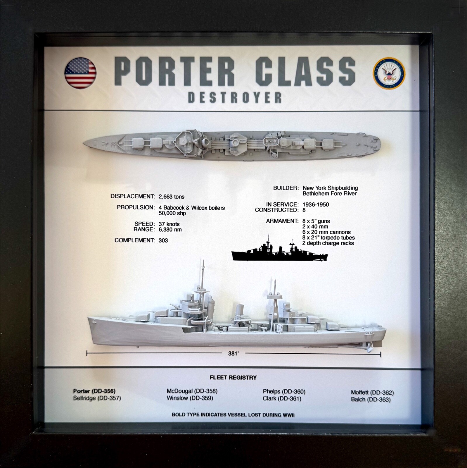 Porter Class Destroyer Memorial Display Box, WW2, 9\ Porter Class Destroyer Memorial Display Box, WW2, 9\