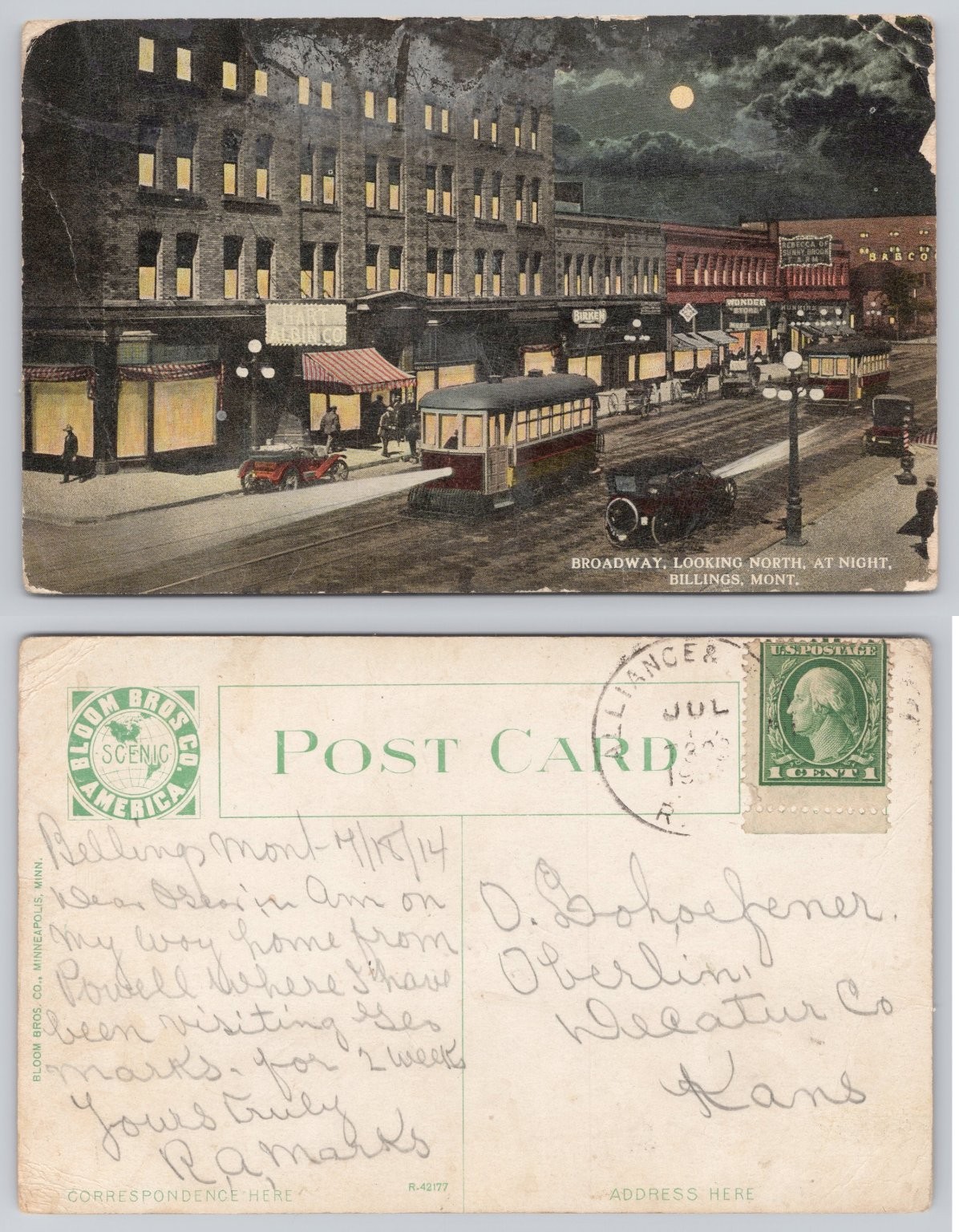 1914 Billings MT Broadway Night Scene Tram Cars Streetlights Postcard