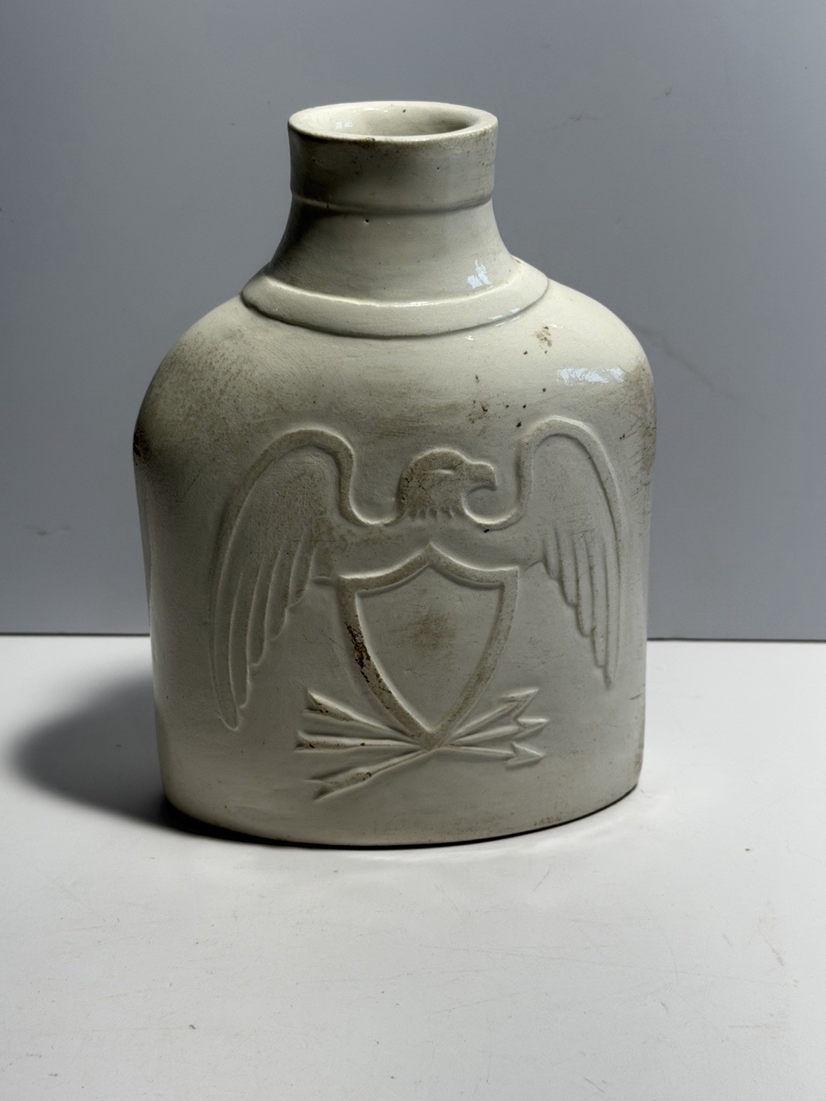 Staffordshire 19th Century Pottery Flask With Eagle Seal Of United States Grapes Staffordshire 19th Century Pottery Flask With Eagle Seal Of United States Grapes