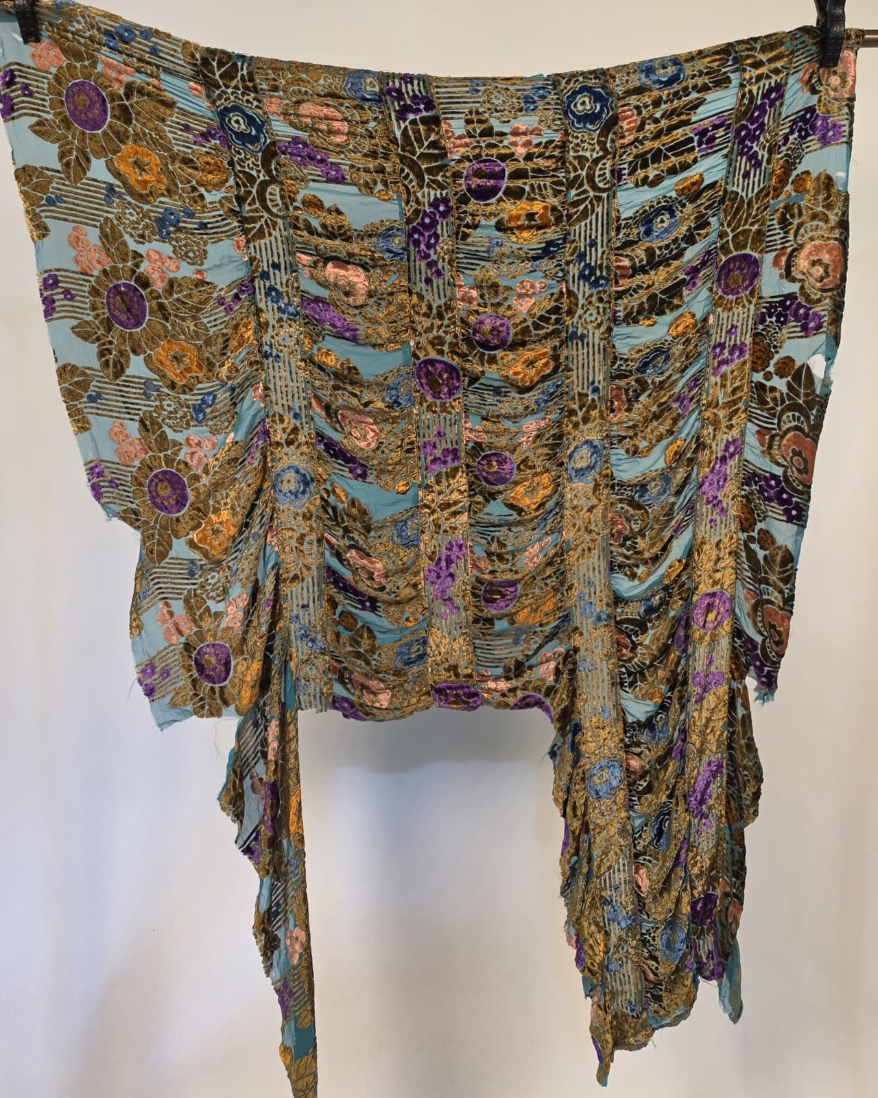 ANTIQUE 1920’S FLORAL VOIDED SILK VELVET DRESS FRAGMENT W RUCHING