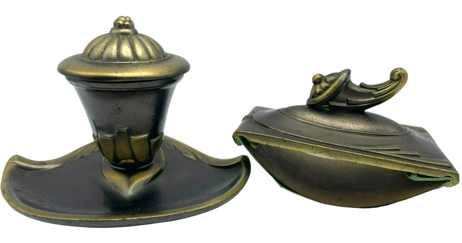 Antique Art Deco Nouveau Bronze Inkwell & Blotter Set Green Glass Insert Antique Art Deco Nouveau Bronze Inkwell & Blotter Set Green Glass Insert