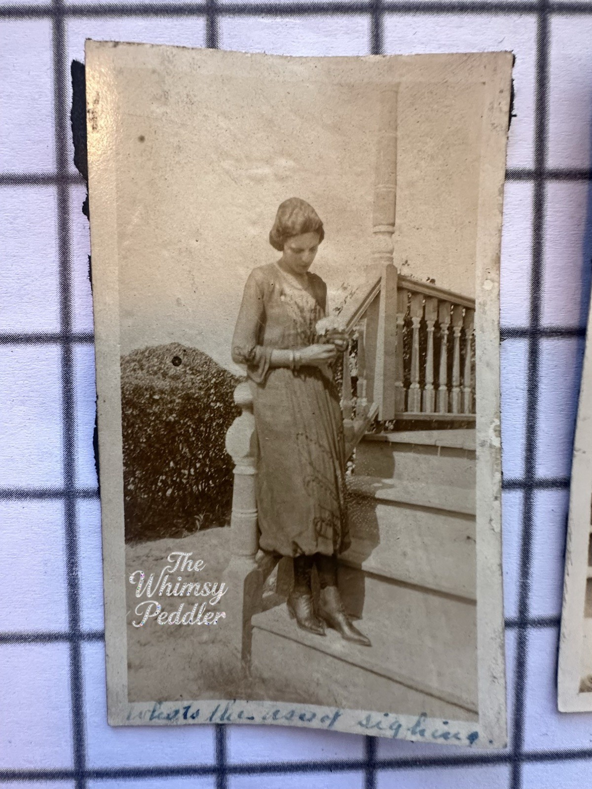 Vintage 1910s Woman Holding Flowers on Porch Steps Fashion Snapshot Photo