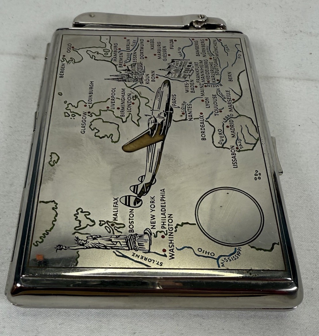Vintage Metal Ibelo Monopol Cigarette Case w/ Built In Lighter Chrome 1950s