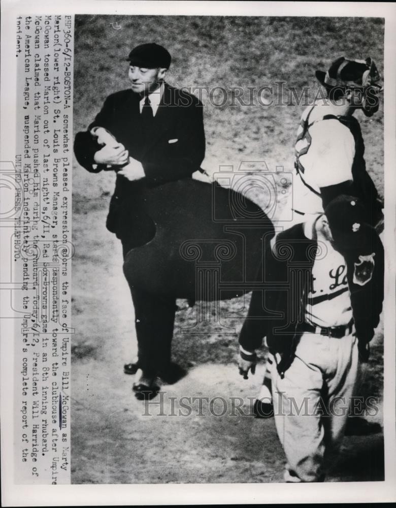 1952 Press Photo Umpire Boll McGowan, Browns manager Marty Marion vs Red Sox 1952 Press Photo Umpire Boll McGowan, Browns manager Marty Marion vs Red Sox
