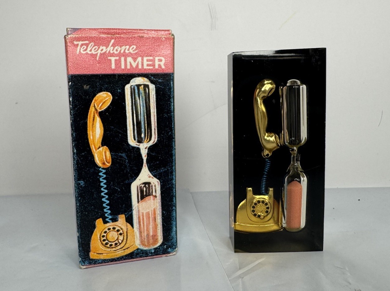 VTG 1970s Telephone Timer Hourglass Texas Research Safety Promo w/ Box