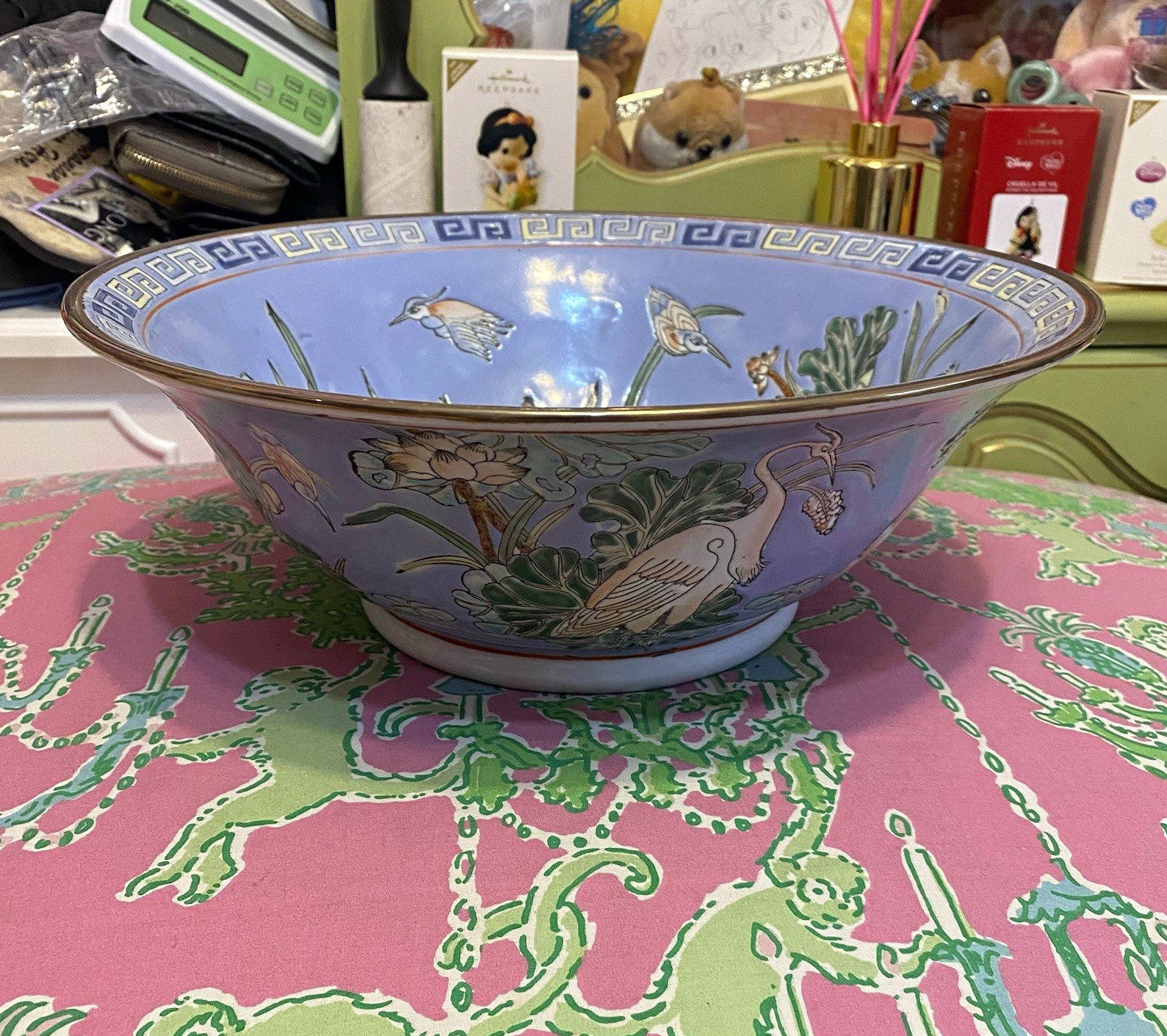 Vintage Blue Crane Floral Large Chinoiserie Chinese Stamped Bowl Macau
