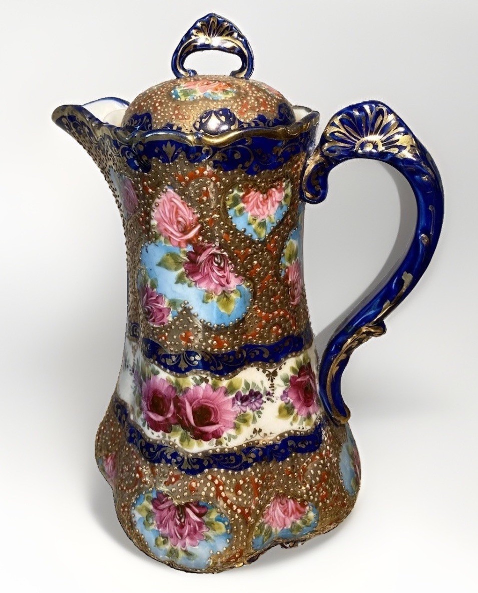 Chocolate Coffee Pot Rare Vintage Golden Rose Cobalt Blue unique Japan 9.5” Chocolate Coffee Pot Rare Vintage Golden Rose Cobalt Blue unique Japan 9.5”