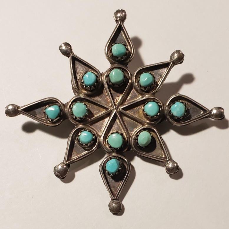 NATIVE AMERICAN INDIAN STERLING TURQUOISE STAR PIN Snowflake BROOCH signed NATIVE AMERICAN INDIAN STERLING TURQUOISE STAR PIN Snowflake BROOCH signed