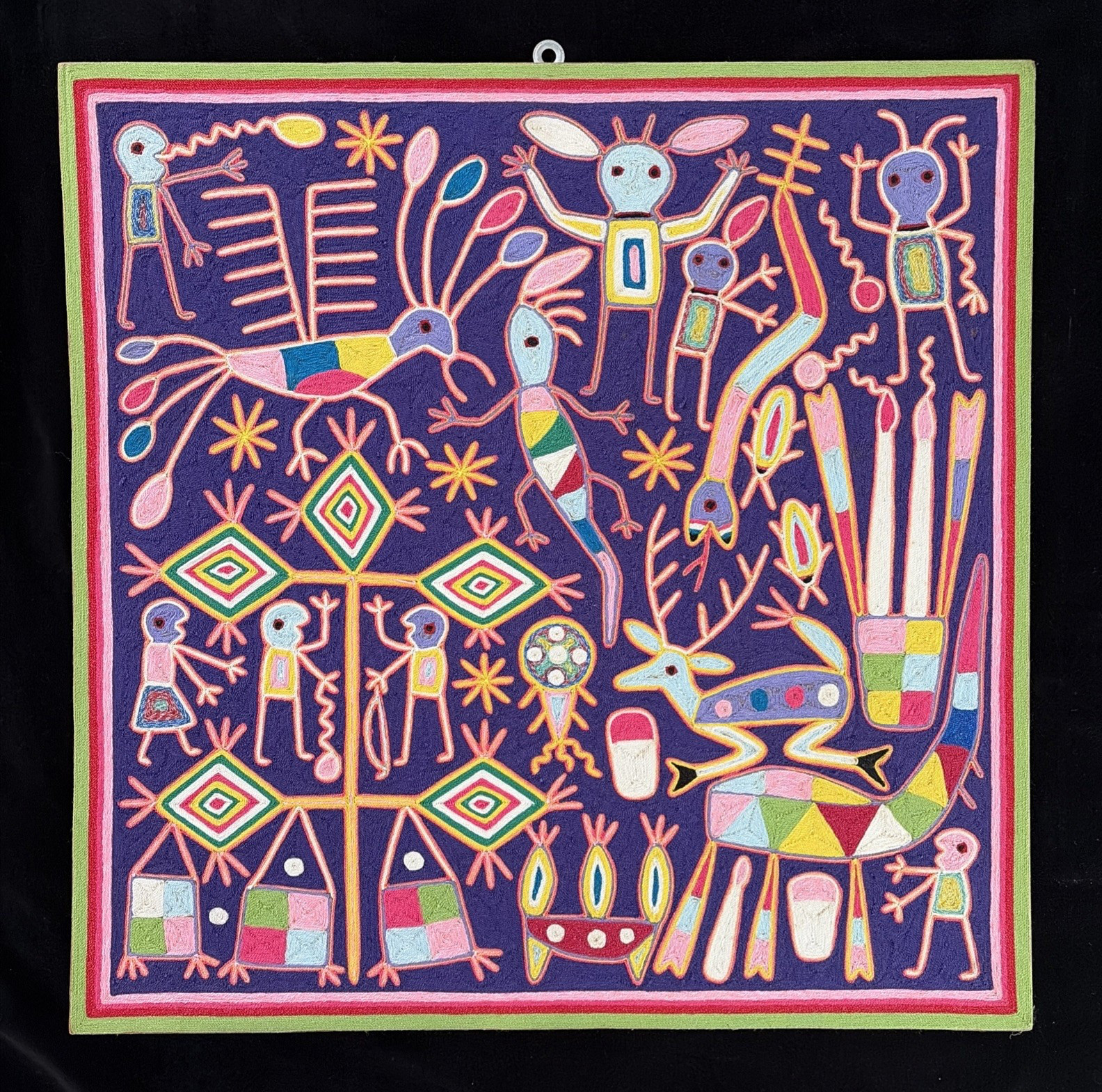 Vintage Huichol Yarn Painting by Cresencio Perez Robles 23.5 Vintage Huichol Yarn Painting by Cresencio Perez Robles 23.5