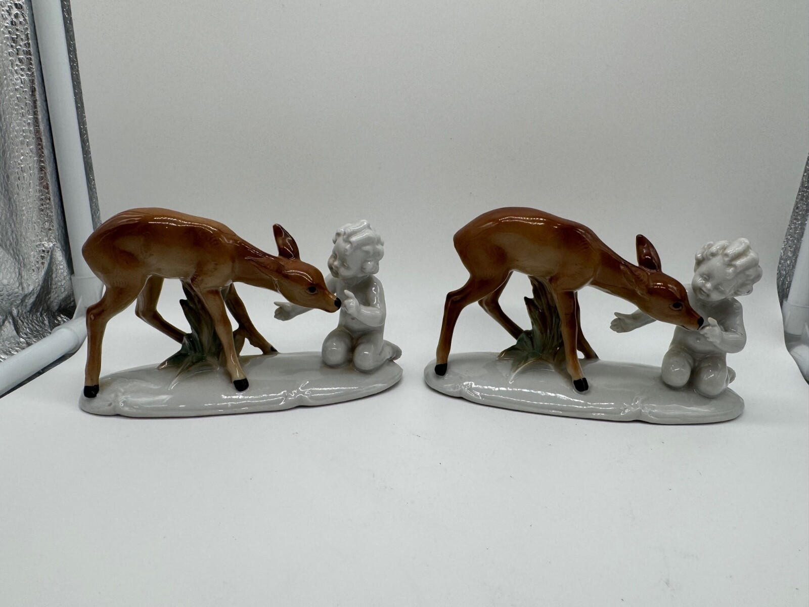 Vintage Likely European Porcelain Pair of Figurines w/ Child Standing by Deer
