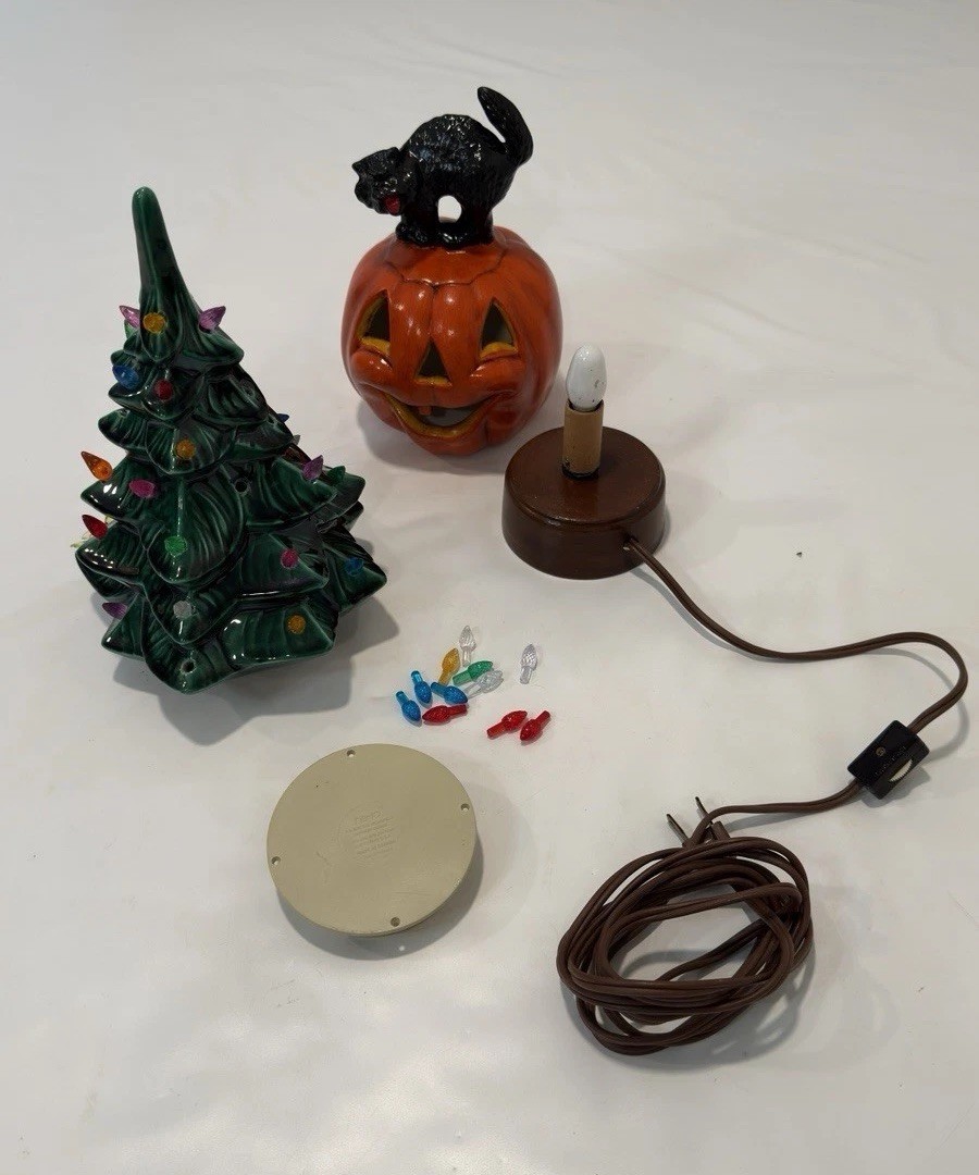 VTG 1977 Ceramic 11” Christmas Tree & Jack-o-lantern Holiday Christmas Halloween VTG 1977 Ceramic 11” Christmas Tree & Jack-o-lantern Holiday Christmas Halloween