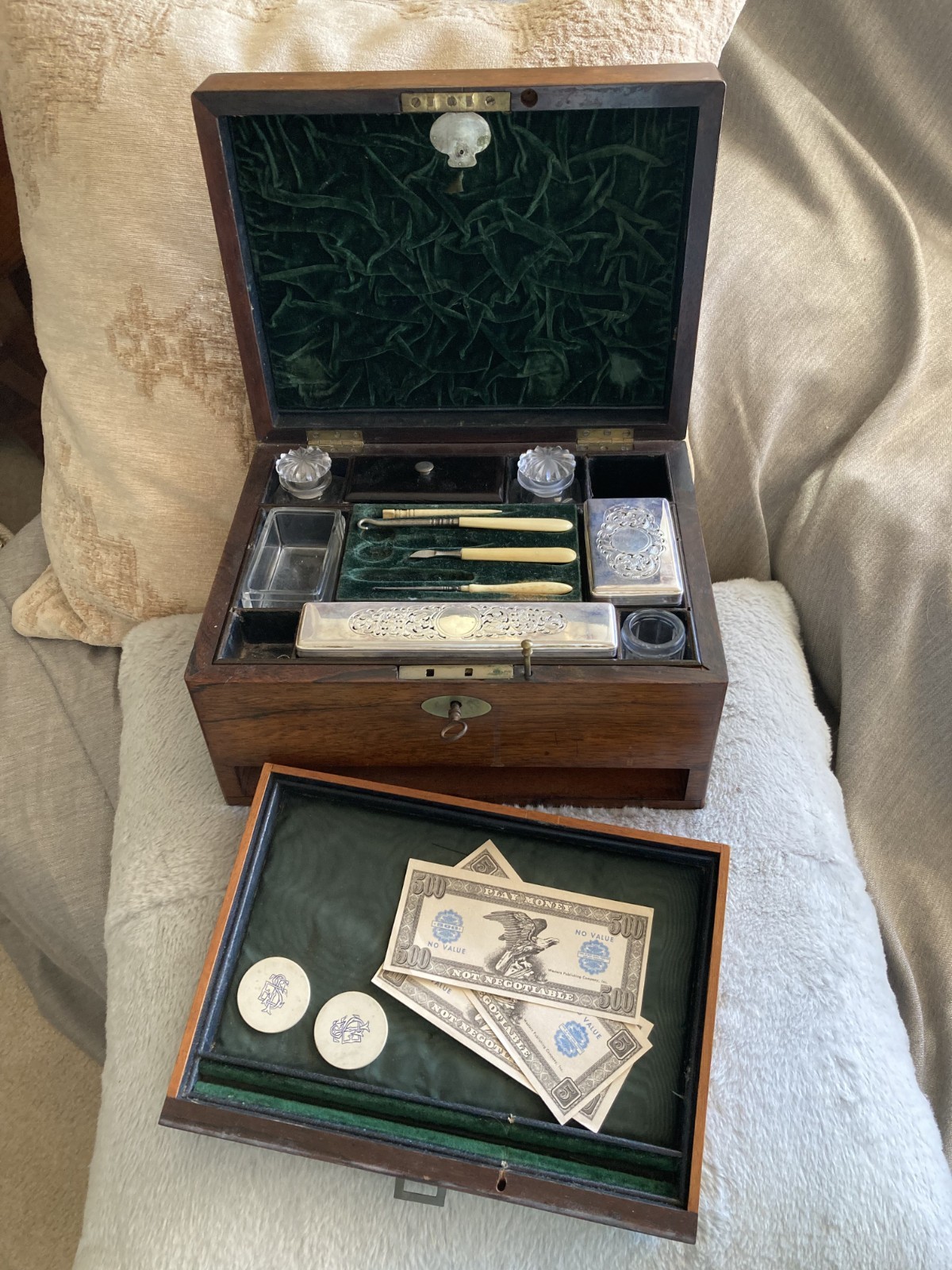 RARE 1850's Mechi Label ANTIQUE Traveling Wood Vanity Box Silver Plate Jars KEYS RARE 1850's Mechi Label ANTIQUE Traveling Wood Vanity Box Silver Plate Jars KEYS