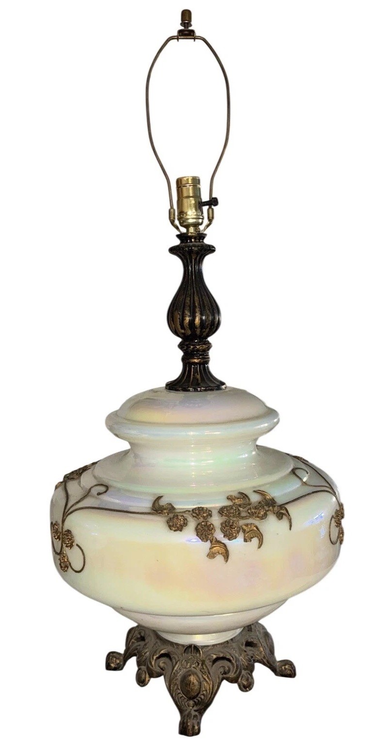 EF Industries Table Lamp Opalescent Bronze Onlay Hollywood Regency 1972 Vintage