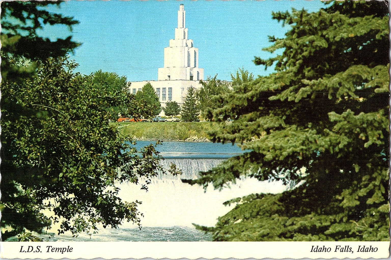 Idaho Falls LDS Temple Postcard 1981 Waterfall Snake River Idaho Chrome