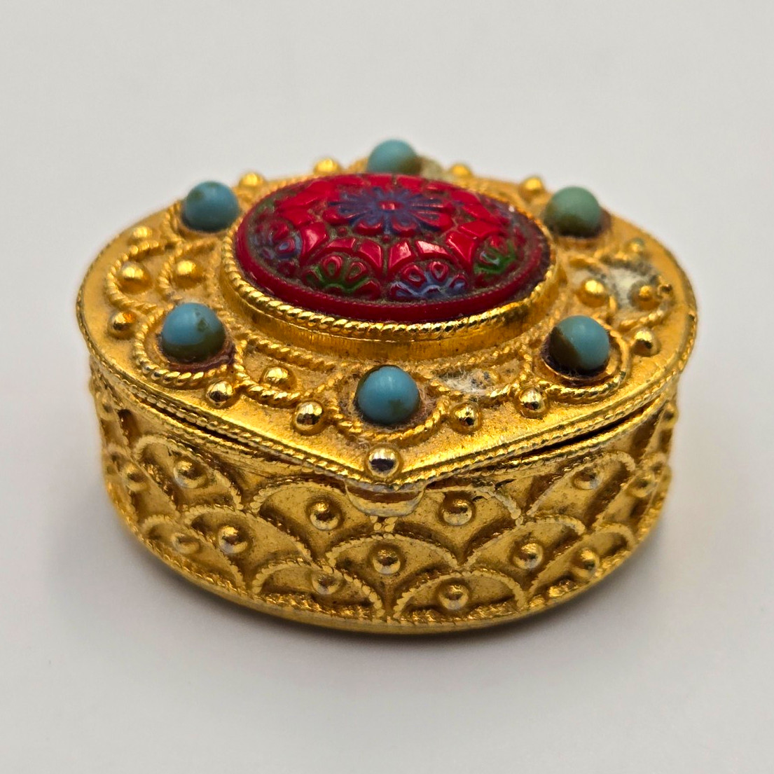 Vintage Florenza Pill Box Red Cabochon Faux Turquoise Gold Tone Trinket 600