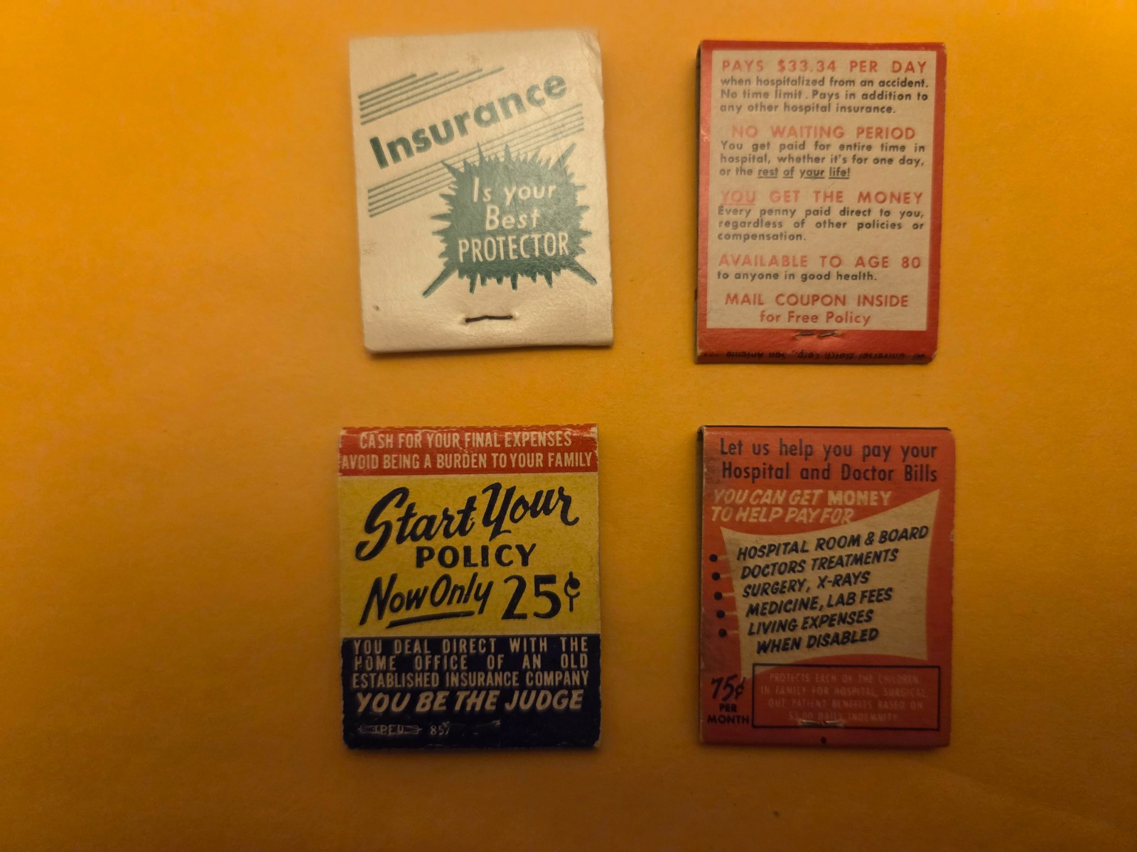 Lot of 4 Vintage matchbooks: life/health insurance, front strike & Unstruck Lot of 4 Vintage matchbooks: life/health insurance, front strike & Unstruck