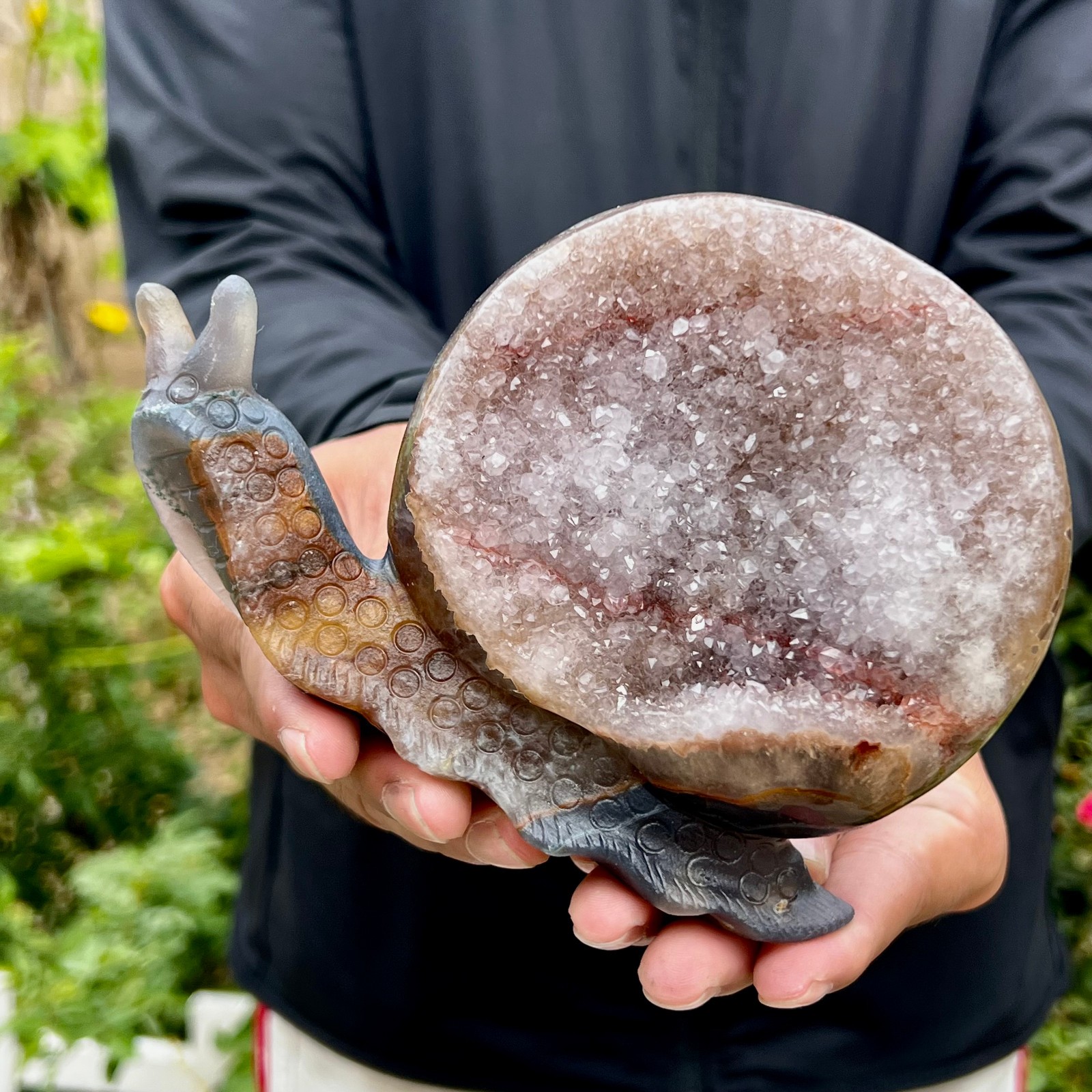 1.5LB   Hand Carved Agate Amethyst Druzy Snail Crystal Animal Statue Healin