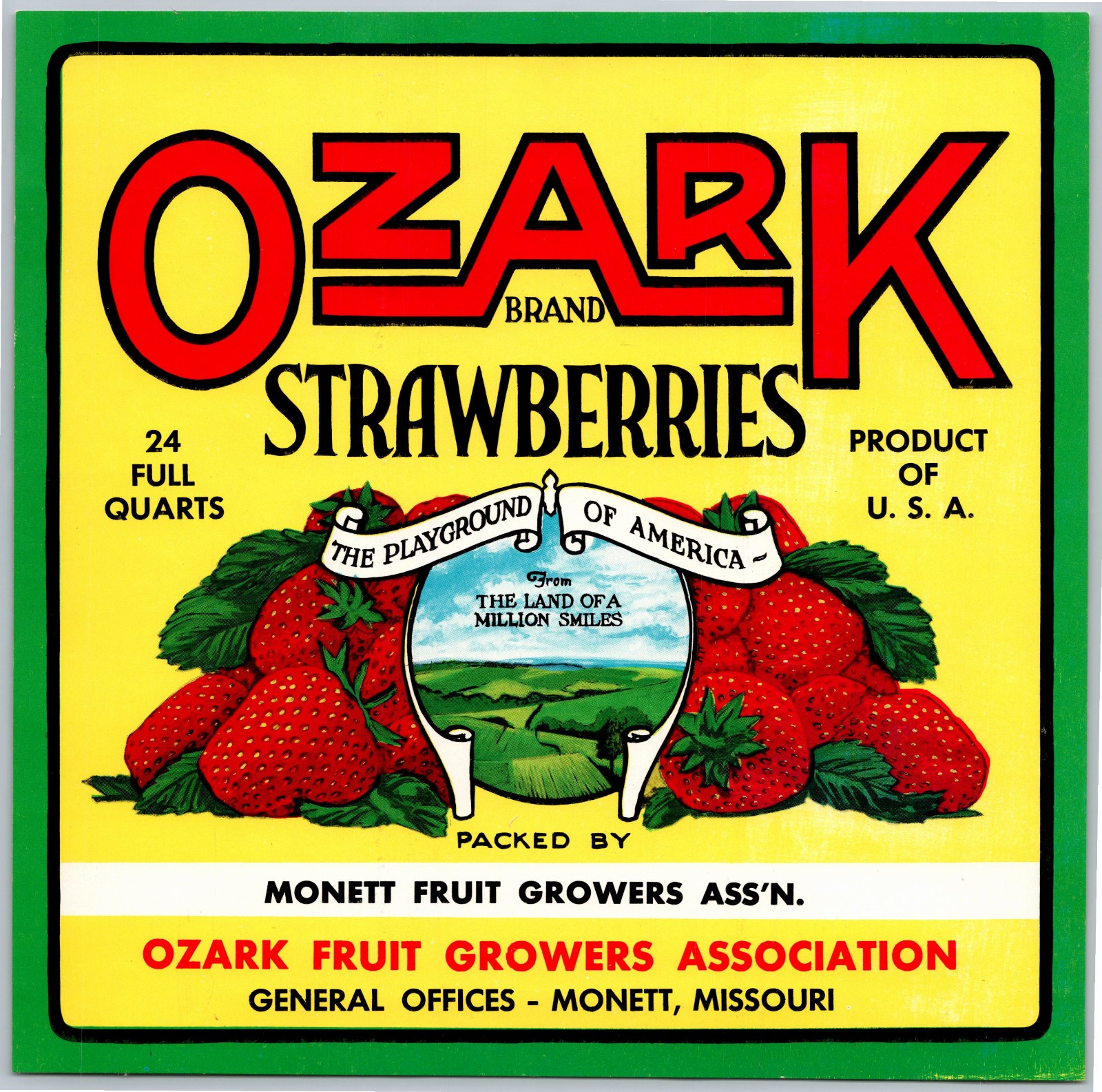 Vintage Strawberry Lable, Ozark Fruit Growers, Monett, MO 8 x 8 inches, Vintage Strawberry Lable, Ozark Fruit Growers, Monett, MO 8 x 8 inches,
