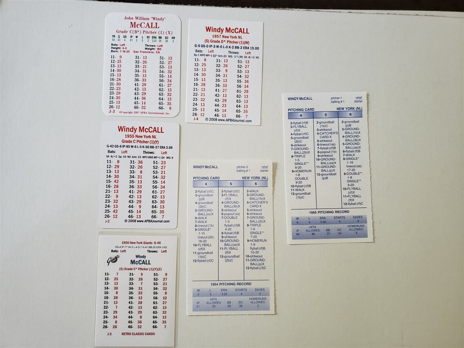 Windy McCall 1954 to 1957 APBA and Strat-O-Matic Card Lot of 6 Cards
