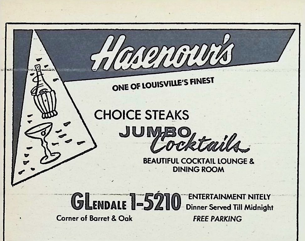 Hasenour\'s Cocktail Lounge & Dining Room Louisville Kentucky Vtg 1960 Print Ad