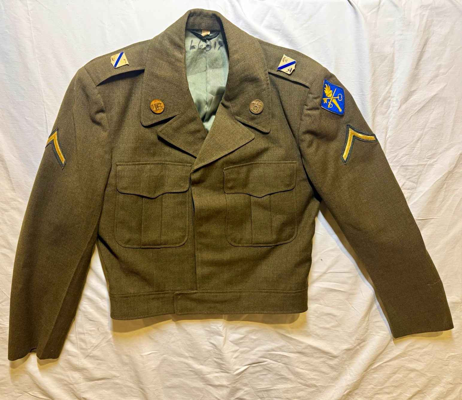 WWII US Army Original Wool Ike Jacket w/ Patches, Insignia & Sleeve Chevrons