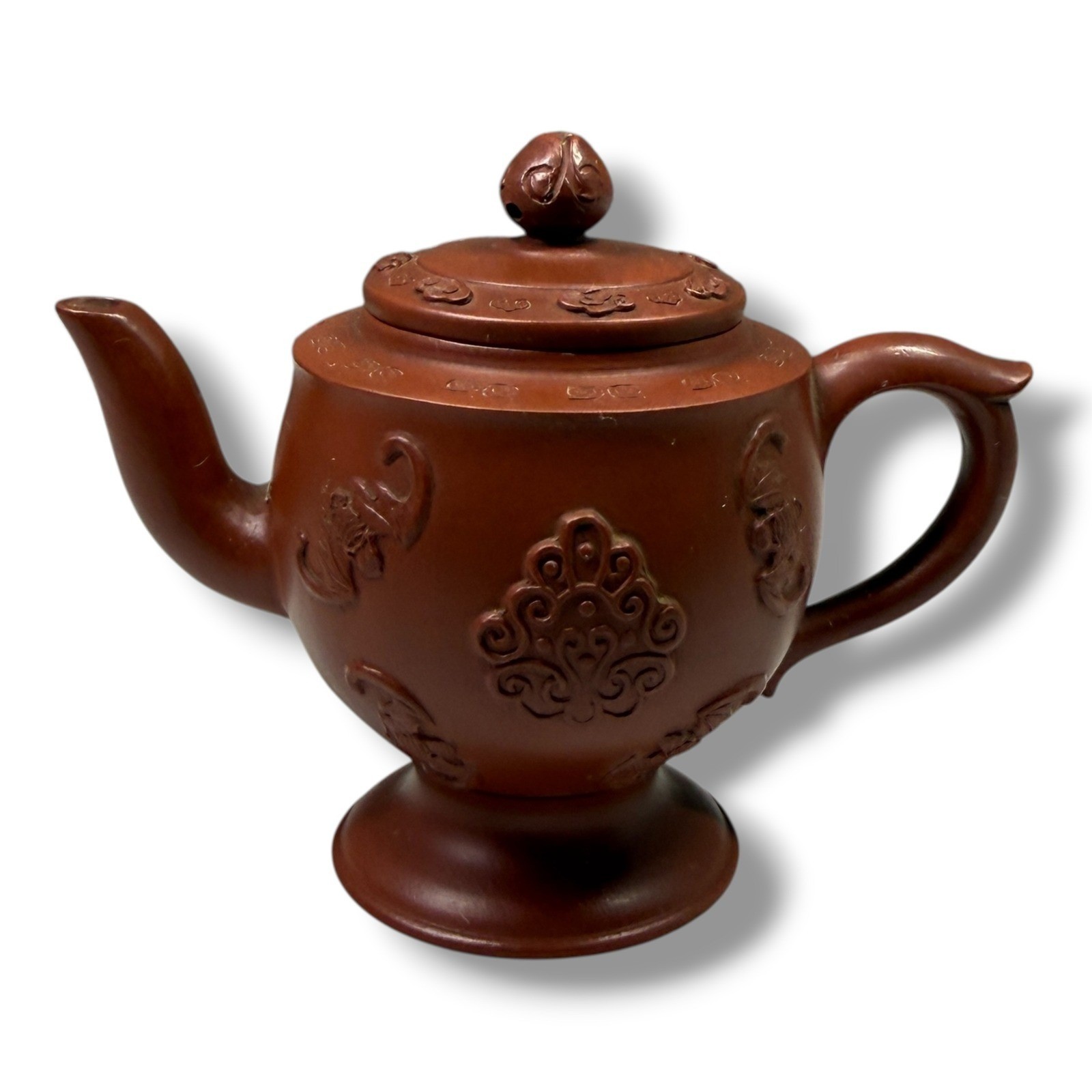 Vintage Chinese Yixing Zisha Clay Teapot Relief Carved Footed Red Brown 4.5 inch Vintage Chinese Yixing Zisha Clay Teapot Relief Carved Footed Red Brown 4.5 inch