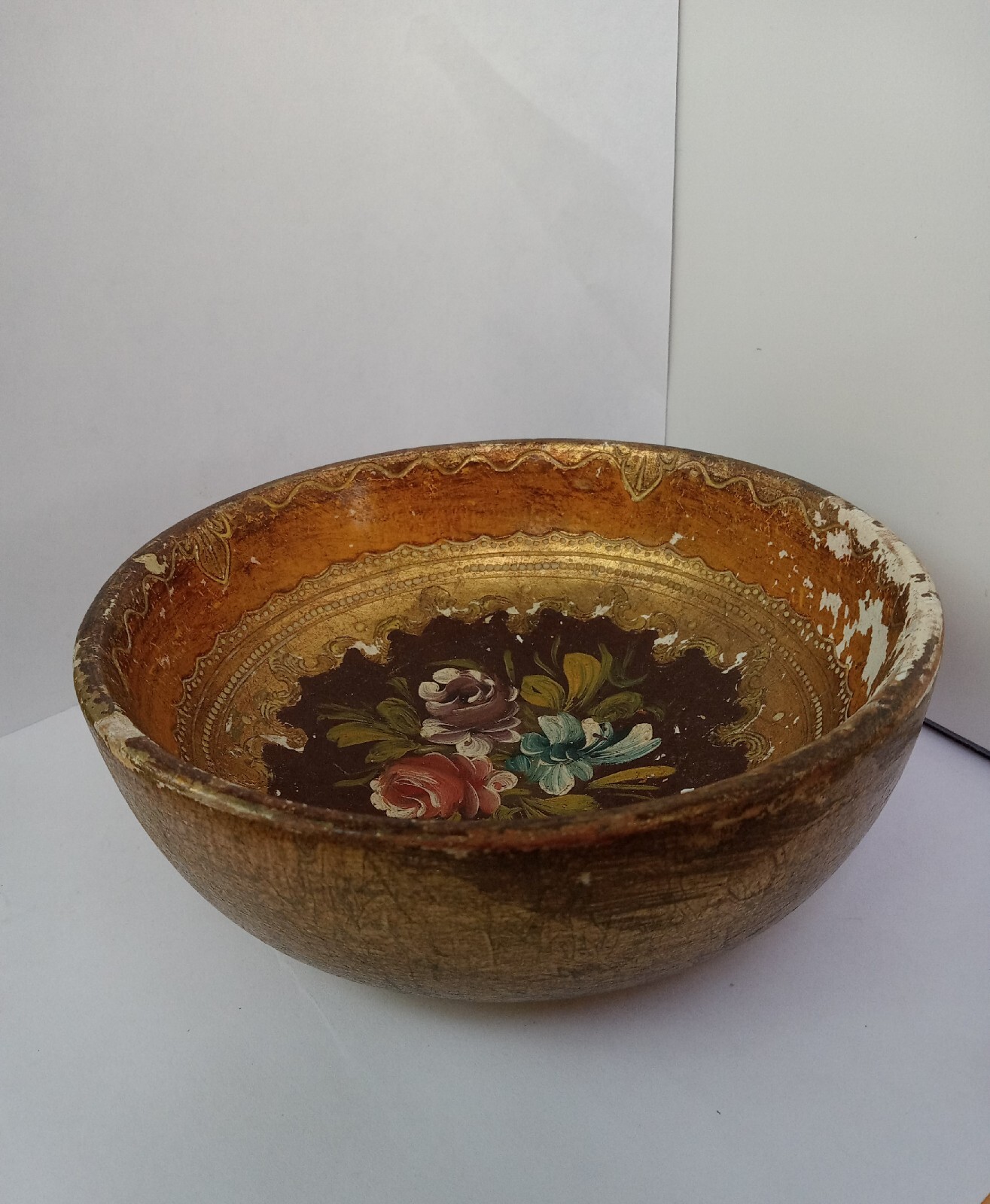 Vintage Italian wood Florentine decorative bowl Florentia GOLD GILT PAINT Italy