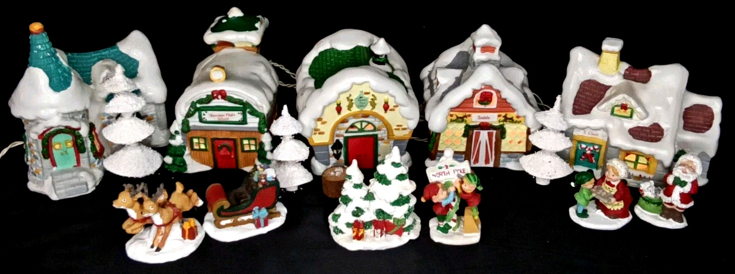 Vintage 1990s Noma Santa Town Lighted Porcelain 13 Piece Christmas Village Set Vintage 1990s Noma Santa Town Lighted Porcelain 13 Piece Christmas Village Set