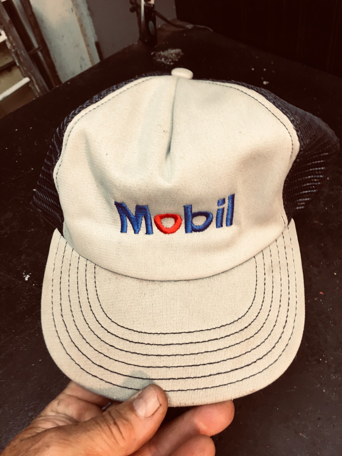Vintage 1980s Mobil Oil Gas Station Truckers Hat Grey Color Vintage 1980s Mobil Oil Gas Station Truckers Hat Grey Color