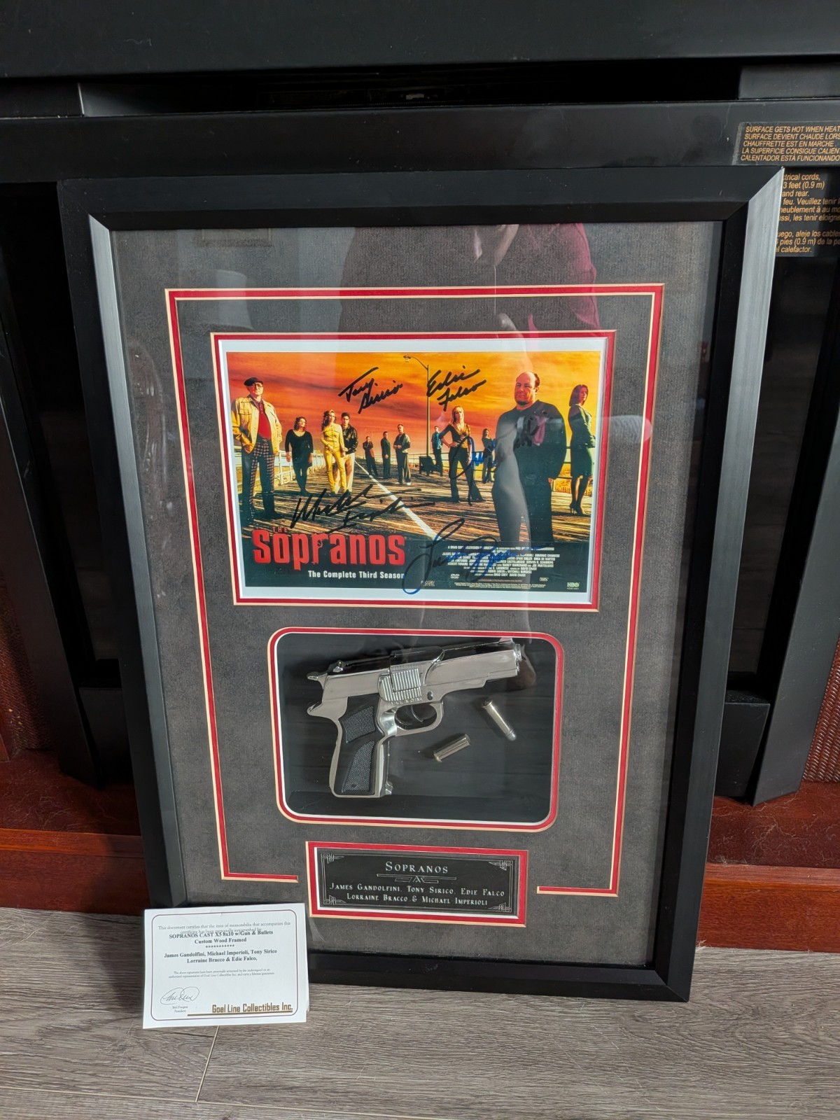 THE SOPRANOS — FIVE CAST-SIGNED COLLECTOR DISPLAY James Gandolfini • Edie Falco 