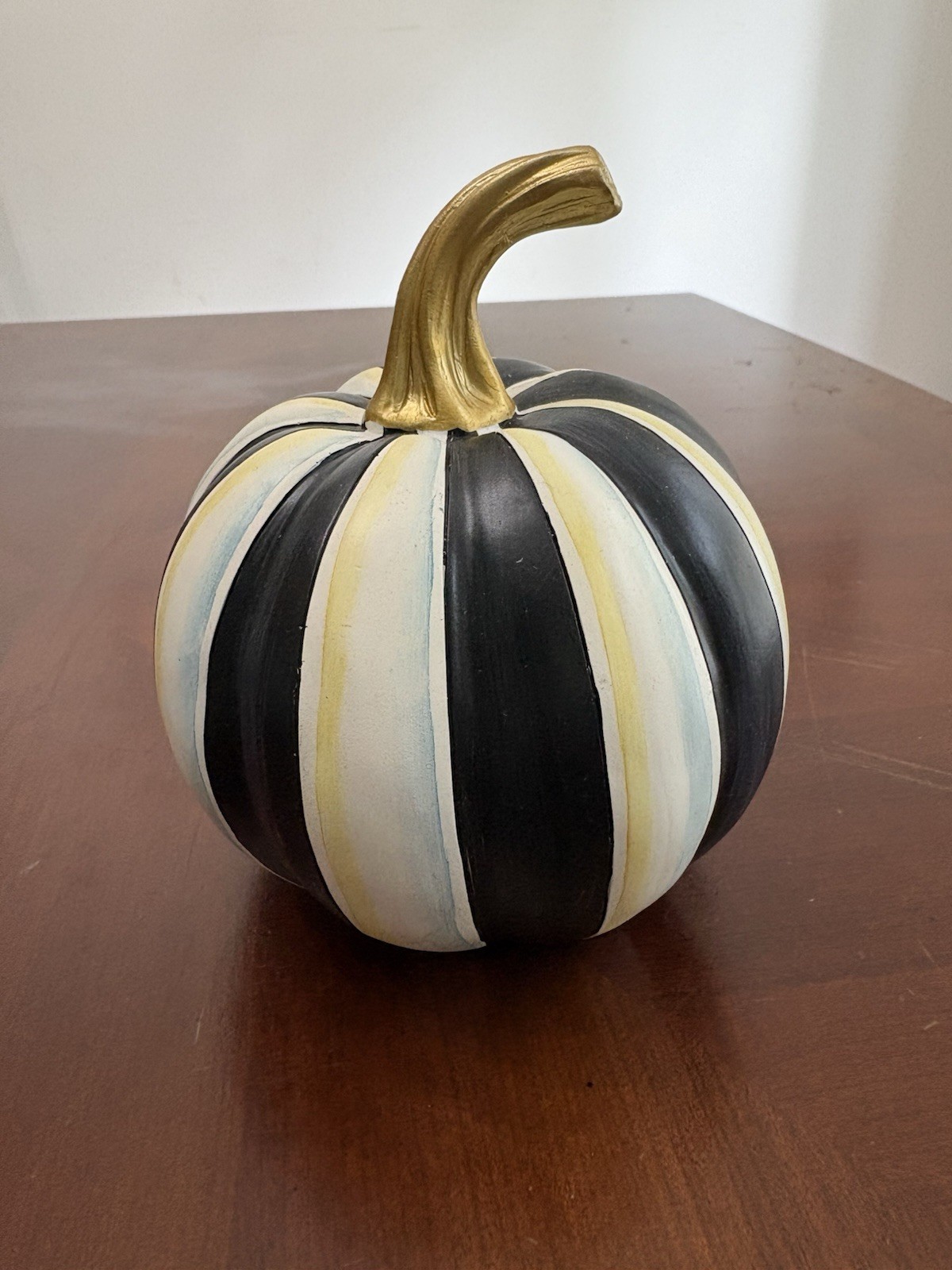 Mackenzie Childs Courtly Striped Pumpkin 6” Tall Black/white Gold Curved Stem