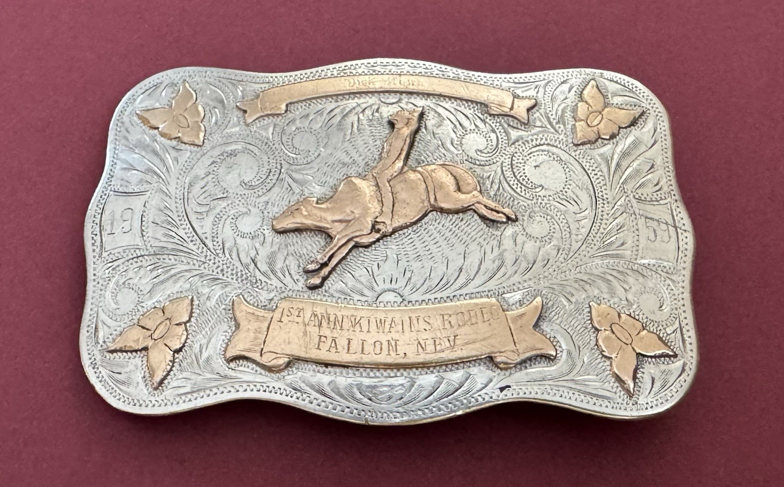 Vintage 1959 Rodeo Fallon Nevada Sterling Silver Bull Riding Trophy Belt Buckle