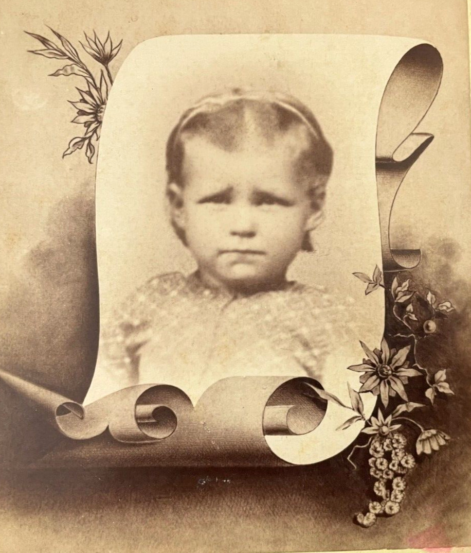 ANTIQUE CABINET PHOTO MEMORIAL CARD OF SWEET LITTLE GIRL REMSEN IOWA 1890-1900s