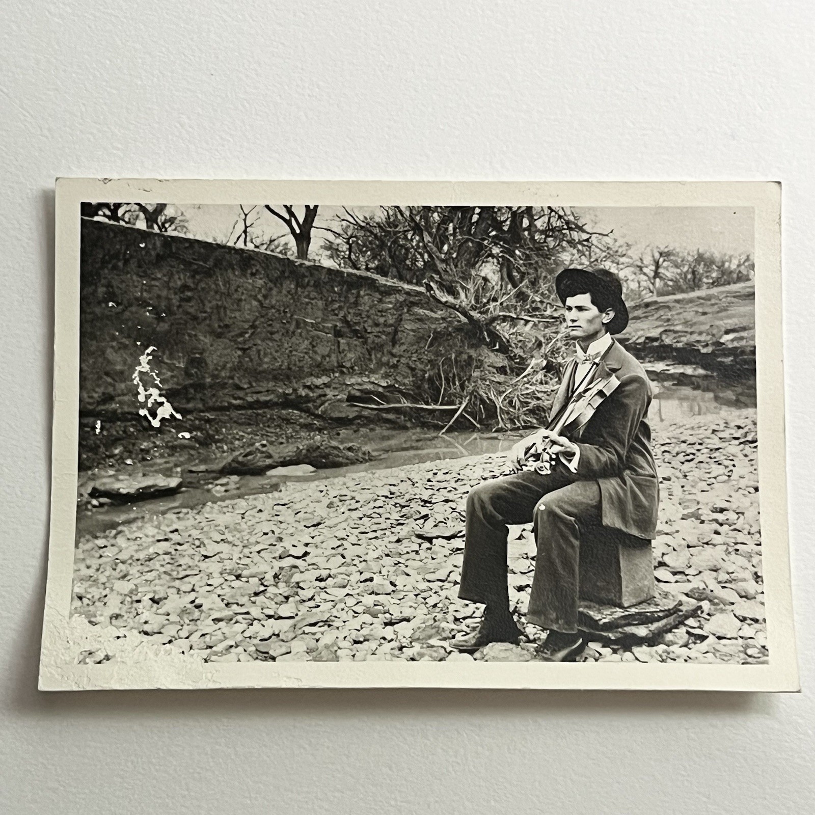 Antique Vintage Snapshot Photograph Handsome Young Man Playing Fiddle By Creek Antique Vintage Snapshot Photograph Handsome Young Man Playing Fiddle By Creek