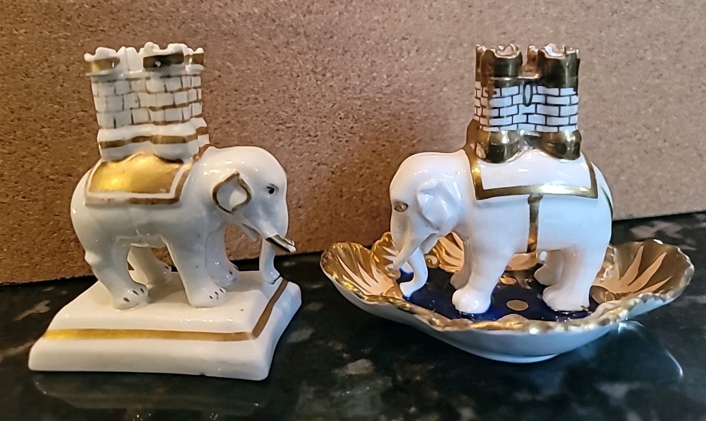 Elephant & Castle Quill Pen & Spill Holder Set Pair Old Paris Porcelain   RARE