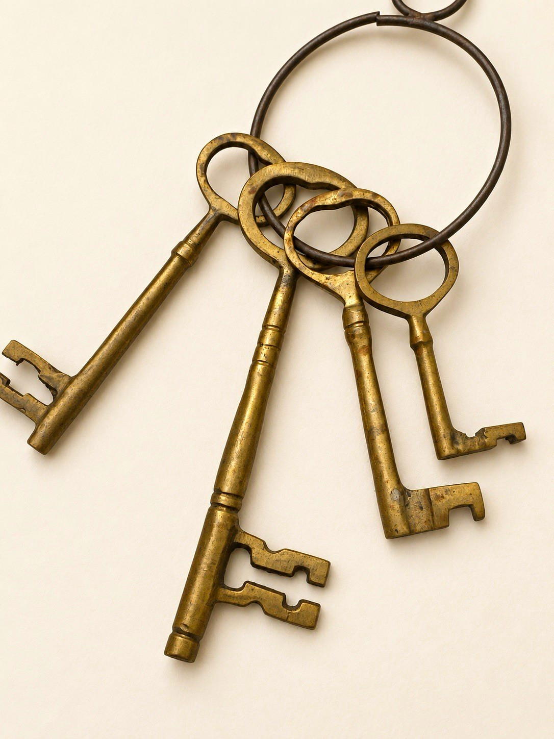 Vintage Antique Brass Skeleton Keys on Key Ring Set Lot of 4 Vintage Antique Brass Skeleton Keys on Key Ring Set Lot of 4