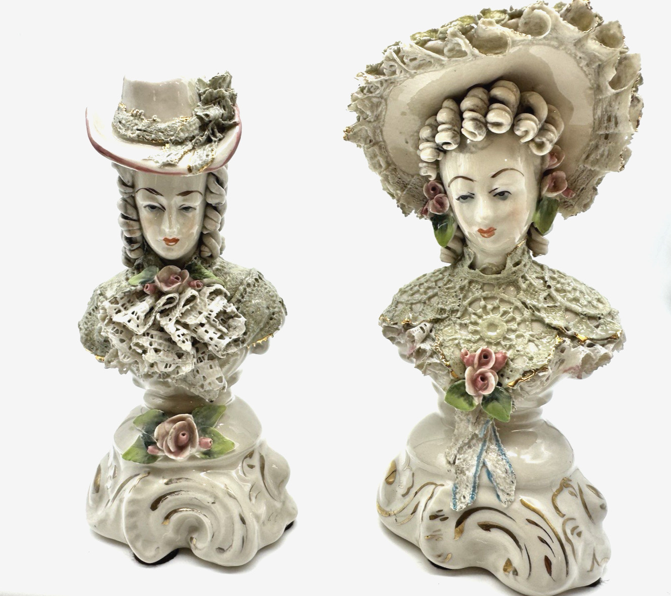 VTG Cordey Victorian Pair Man & Lady Ornate Bust Figurines Roses Lace 7.25