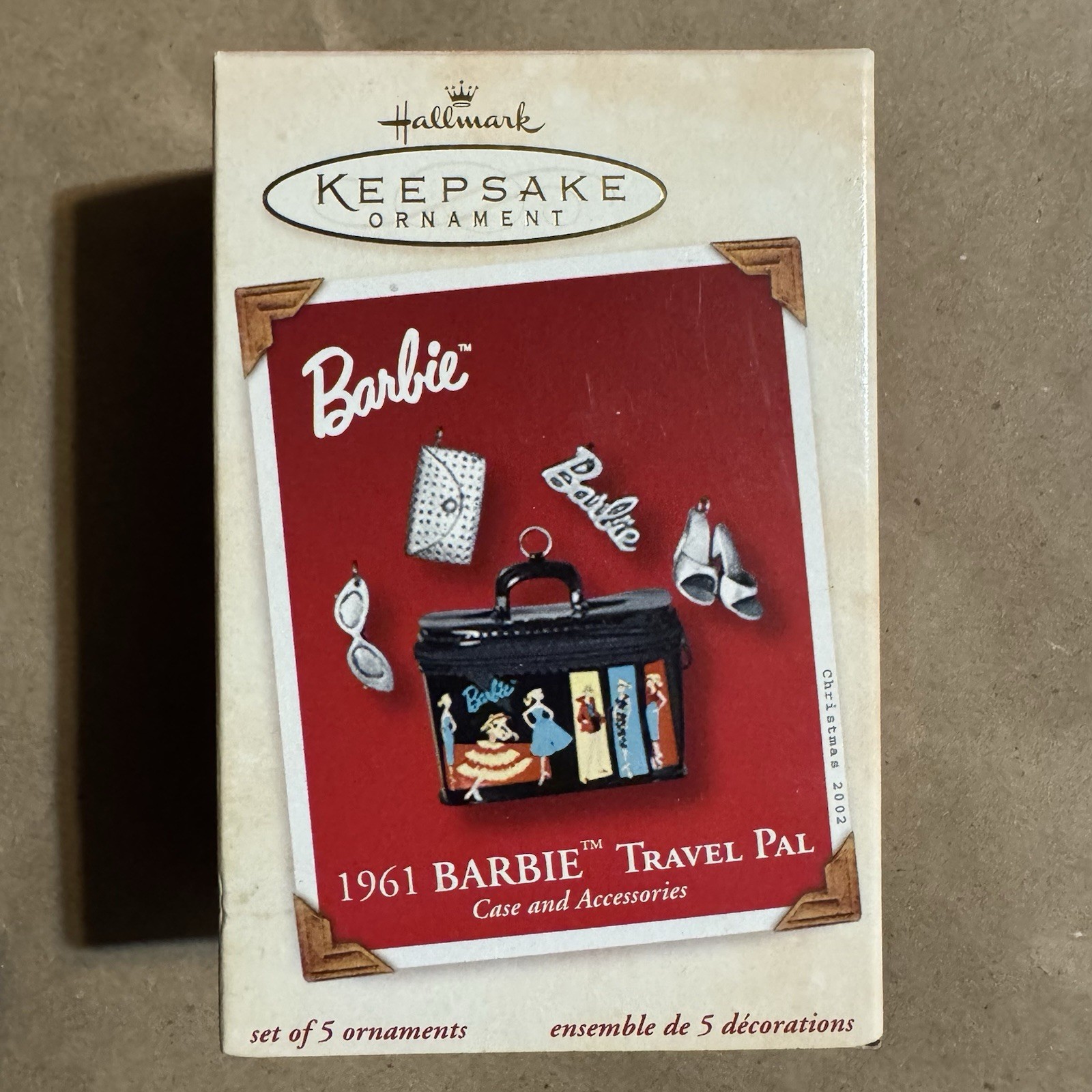 2002 Hallmark Keepsake Ornament 1961 Barbie Travel Pal Case & Access. Set of 5 2002 Hallmark Keepsake Ornament 1961 Barbie Travel Pal Case & Access. Set of 5